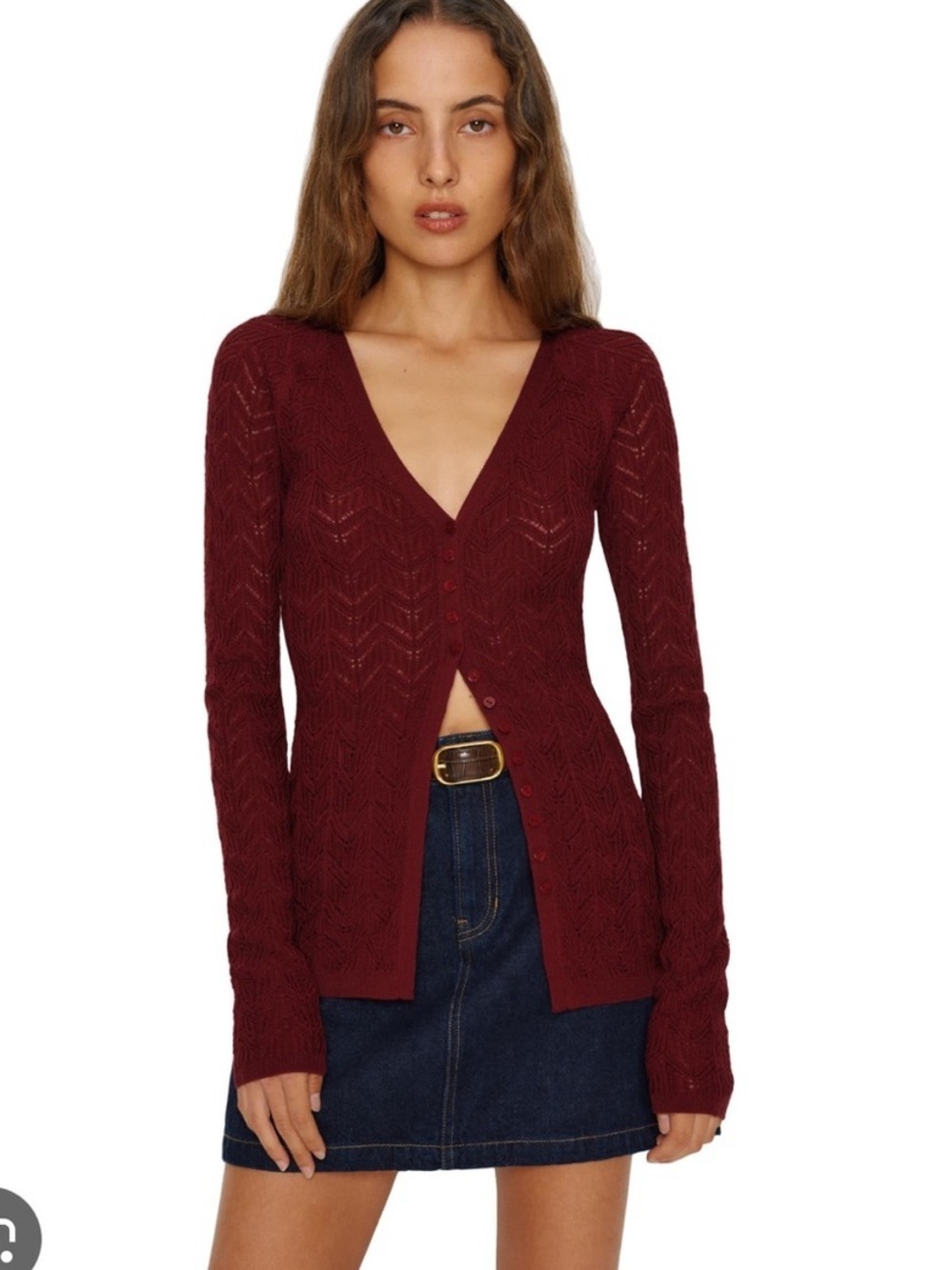 Reformation V- Neck Button Front Pointelle Cardigan Sweater - Burgundy size S
